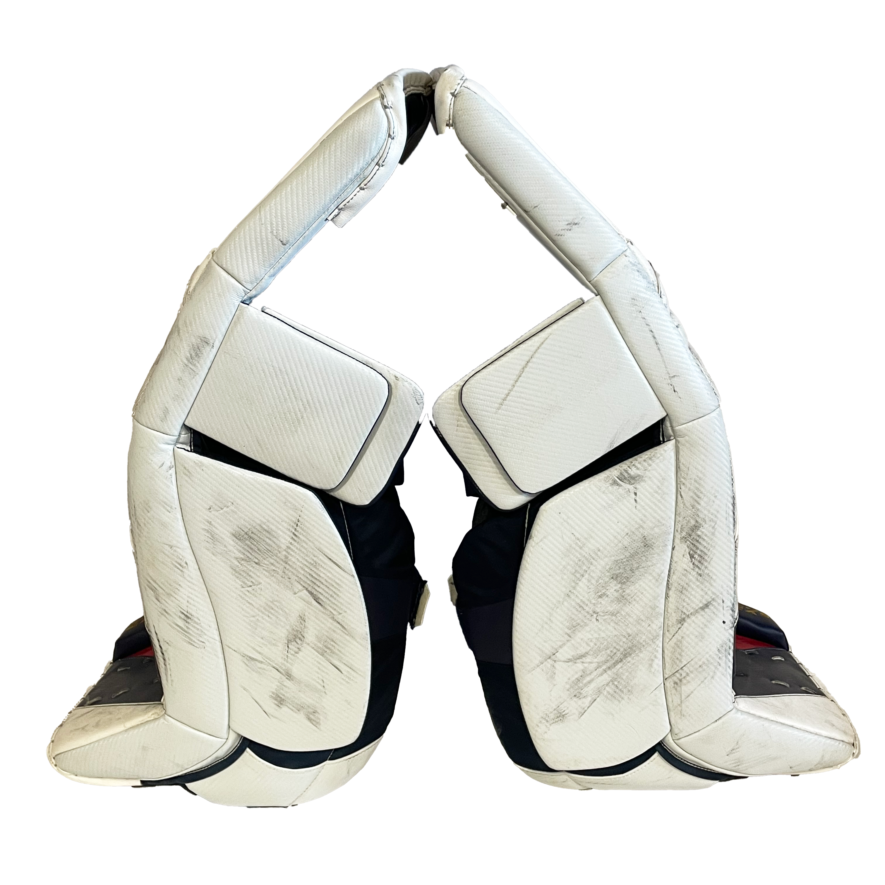 CCM Extreme Flex 5 - Jambières de gardien de but Pro Stock d'occasion (blanc/bleu marine/rouge)